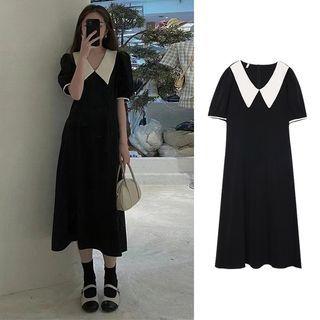Short Sleeve Collared Contrast Trim Midi A-line Dress