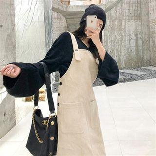 Set: V-neck Knit Top + Pocket-detail Corduroy Suspender Dress Beige & Black - One Size