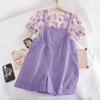 Set: Puff-sleeve Floral Chiffon Top + Jumper Shorts