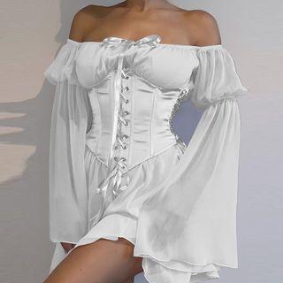 Set: Bell-sleeve Off-shoulder Mini Dress + Lace Up Corset