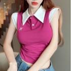 Cap-sleeve Lettering Polo-neck Top