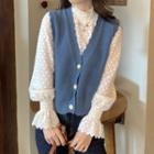 Lace Blouse / Scallop Trim Button-up Sweater Vest