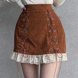 Lace Up Lace Trim Mini Pencil Skirt