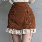 Lace Up Lace Trim Mini Pencil Skirt