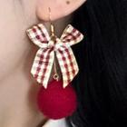 Plaid Bow Pom Pom Dangle Earring 1 Pair - Pompom & Bow - Red & Beige - One Size