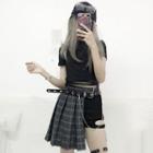 Cropped Short-sleeve T-shirt / High Waist Hot Pants / Plaid Pleated Skirt / Chain Accent Belt