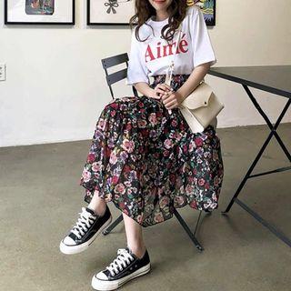 Lettering T-shirt / Floral Printed Midi Skirt