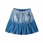 Washed Denim Pleated Mini A-line Skirt