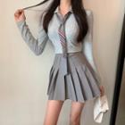 Plain Long-sleeve Cropped Polo-shirt / Pleated Skirt