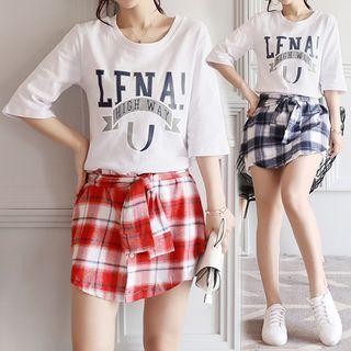 Set: Letter Elbow-sleeve Top + Plaid Mini Skirt