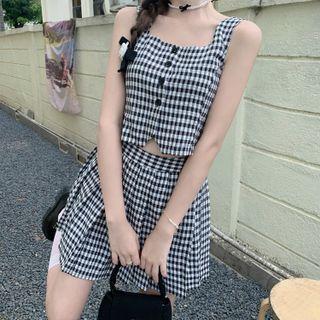 Set : Plaid Button-detail Camisole Top / High-waist Plaid Accordion Pleat Mini Skirt As Shown In Figure - One Size