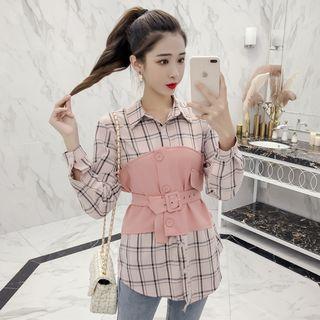 Mock Two Piece Long-sleeve Plaid Crochet Shirt