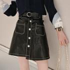 Contrast Stitching Mini A-line Faux Leather Skirt