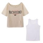 Set : Short-sleeve Lettering T-shirt + Plain Tank Top Almond & White - One Size