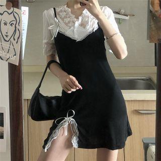 Lace Trim Short-sleeve Top / Slit Mini A-line Pinafore Dress
