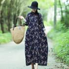 Stand Collar Long-sleeve Midi Flower Print Dress