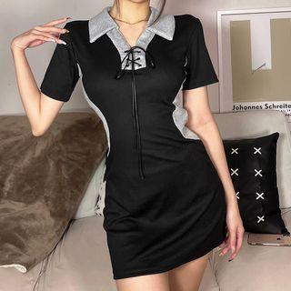 Short-sleeve Panel Polo Dress Black - One Size