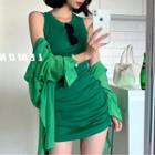 Long-sleeve Shirt / Sleeveless Drawstring Mini Bodycon Dress / Set