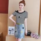 Set: Star Print Short Sleeve T-shirt + A-line Denim Skirt