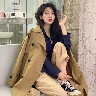 Double-breasted Trench Coat / High-waist Wide Leg Pants