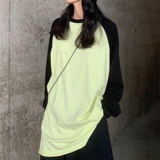 Color-block Print Long T-shirt / High-waist Straight-leg Pants