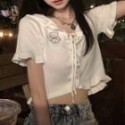 Bear Embroidered Ruffle Trim Knit Crop Top White - One Size