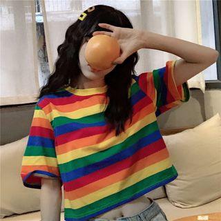 Short-sleeve Striped Cropped T-shirt Rainbow - One Size