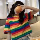 Short-sleeve Striped Cropped T-shirt Rainbow - One Size