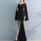 Long-sleeve Slit Evening Gown