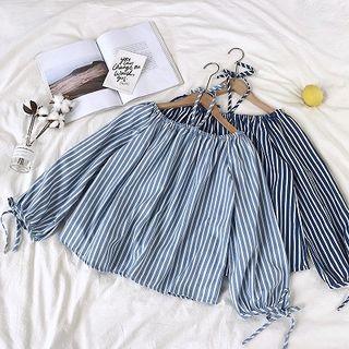 Striped Halter Off-shoulder Lace-up Blouse
