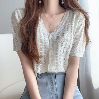 Short-sleeve V-neck Pointelle Knit Cardigan