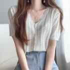 Short-sleeve V-neck Pointelle Knit Cardigan