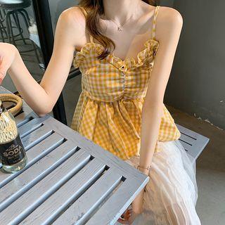 Sleeveless Plaid Ruffled Blouse