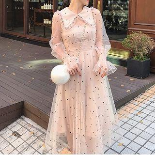 Dotted Long-sleeve Collared A-line Mesh Dress