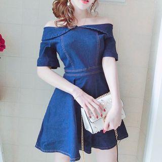 Off Shoulder Short Sleeve Denim Dress