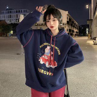 Graphic Print Hoodie Dark Blue - One Size