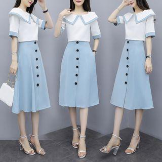 Set: Short-sleeve Contrast Trim Blouse + Midi Buttoned A-line Skirt