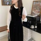 Long-sleeve Two-tone Midi A-line Dress Black - One Size