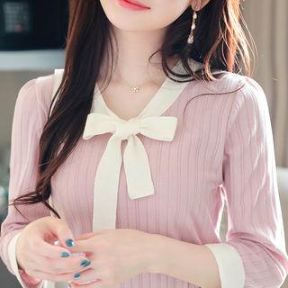 Contrast Tie-neck Rib-knit Top