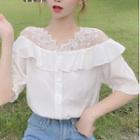Lace Panel Ruffled Short-sleeve Chiffon Blouse As Shown In Figure - One Size