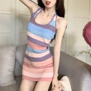 Halter Striped Mini Knit Sheath Dress Blue & Pink - One Size
