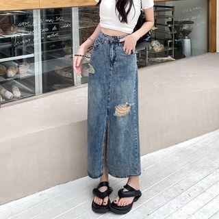High-waist Slit Distressed Denim Midi Skirt