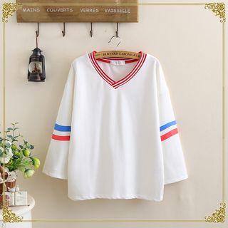 Striped V-neck 3/4 Sleeve Pullover