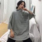 Elbow-sleeve Lettering Mock-neck T-shirt