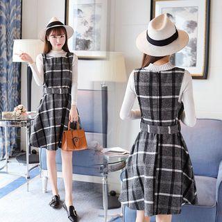 Set: Mock Neck Long-sleeve Top + Check Sleeveless A-line Dress