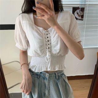 Short-sleeve Lace-up Ruffle Hem Cropped Blouse