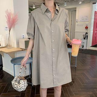 Puff-sleeve Plain Shirt Dress