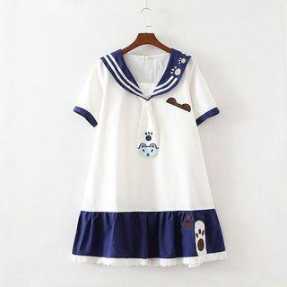 Embroidered Short Sleeve Sailor Collar Dress