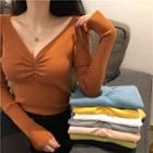 V-neck Ruched Long-sleeve Knit Top