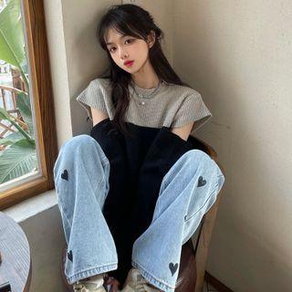 Two-tone Panel Cutout Knit Crop Top Light Gray & Black - One Size
